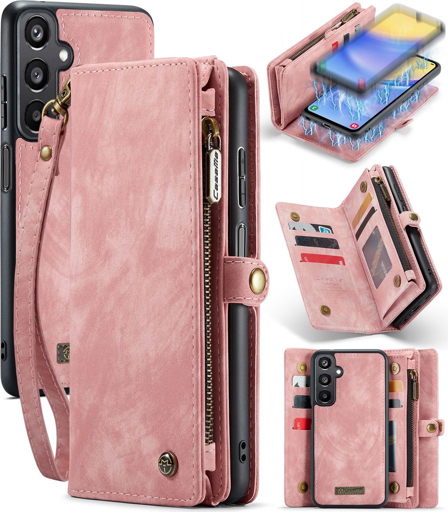 Schutzhülle für Samsung Galaxy A15 5G/4G, Vintage Multifunktions Lederhülle, Kartenfächer, Reißverschluss Hülle Pink