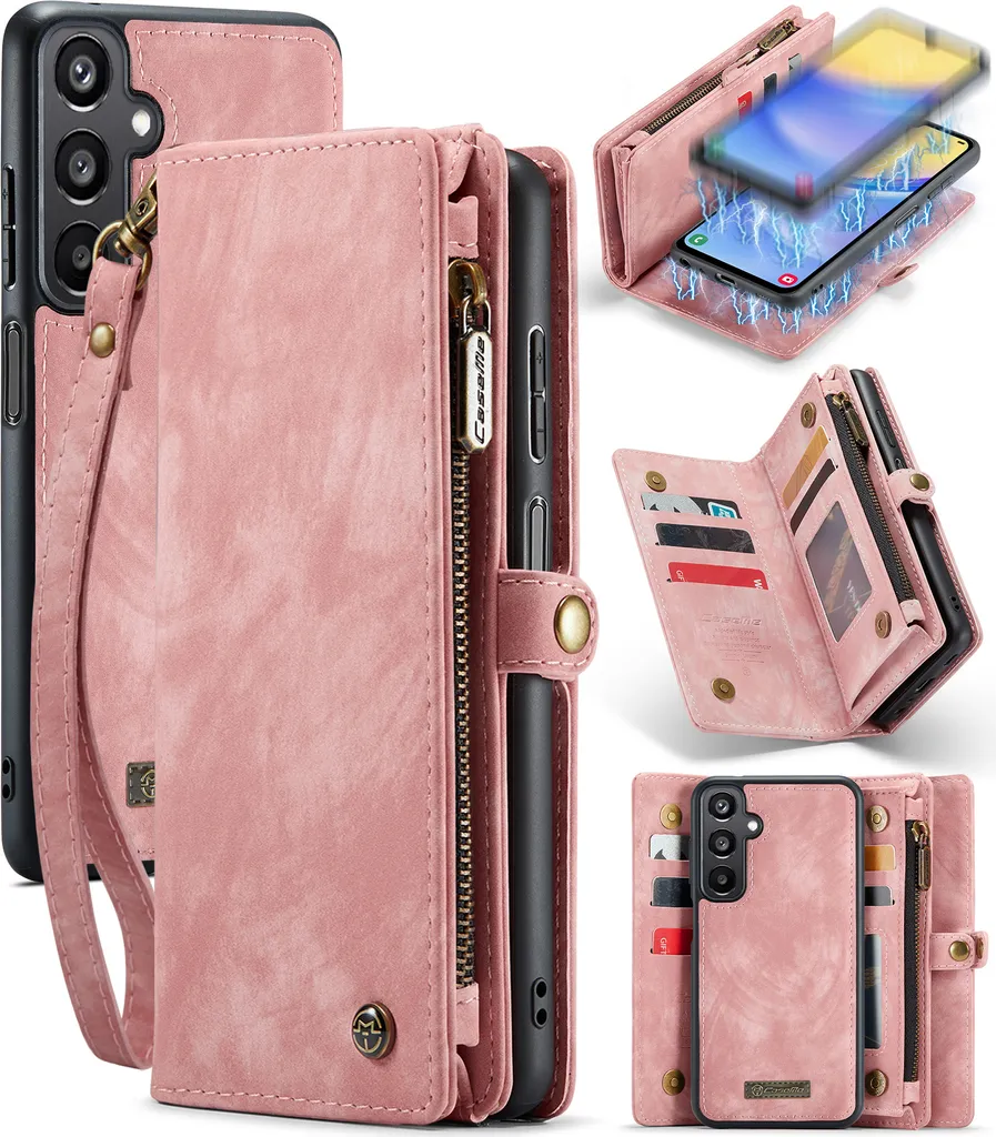 Custodia per Samsung Galaxy A15 5G/4G, Custodia in pelle vintage multifunzionale con slot per carte e chiusura lampo rosa