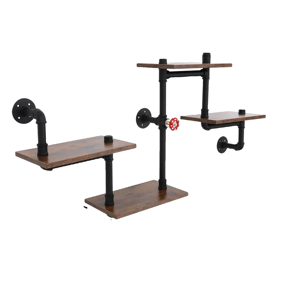 Étagère murale industrielle vintage marron en bois et métal robuste