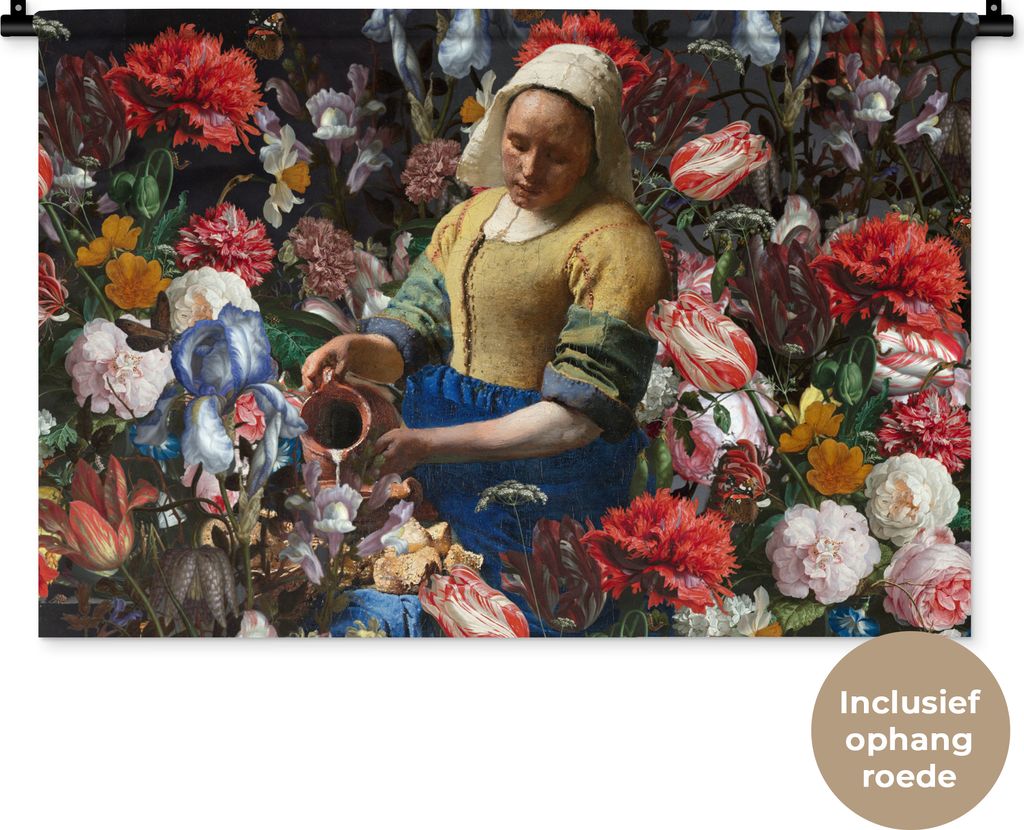 MuchoWow Wandteppich Wandbehang Milchmädchen - Johannes Vermeer - Blumen - Farben 90x60 cm Tapisserie Dekoration Wandtuch - Wandskulpturen - Bil...