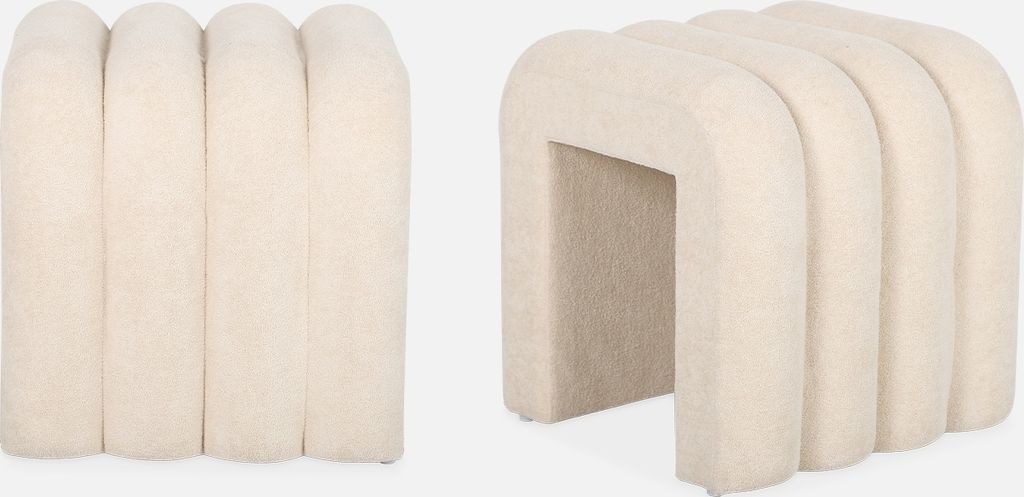 Two views of a beige upholstered stool.