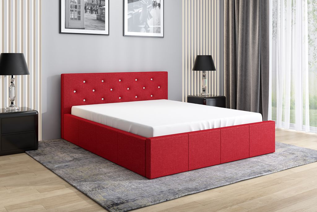 Polsterbett SKIDI 160 x 200 mit Matratze und Bettkasten. Farbe: Rot