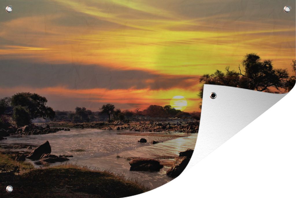 MuchoWow 120x80 cm Outdoor-Poster Gartendeko Sichtschutz Garten Poster für den Garten Gelbes Glühen am Himmel während eines Sonnenuntergangs ...