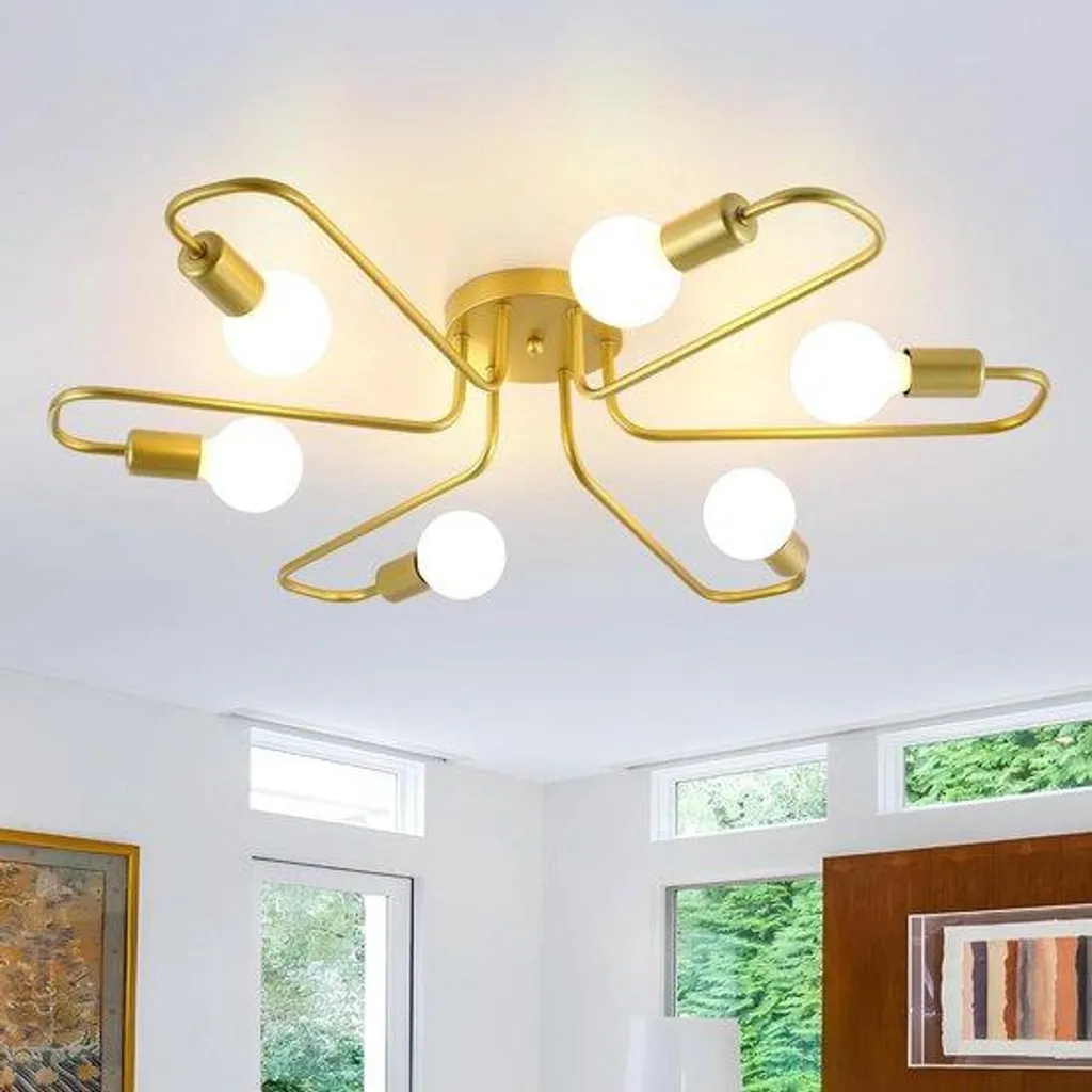 Luminaire Plafonnier Jaune 6 Bras Orientables - Lustre Vintage Boule E27