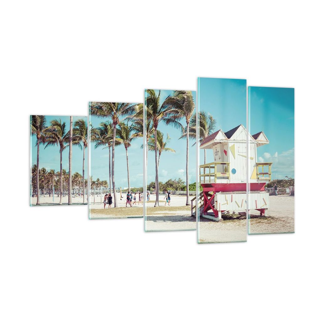 Bilder auf glas - 5 Teile - Strand Miami Florida - 100x60cm - Glasbilder - Wandbilder - Bilder - zum Aufhängen bereit - Wanddekoration aus Glas - ...