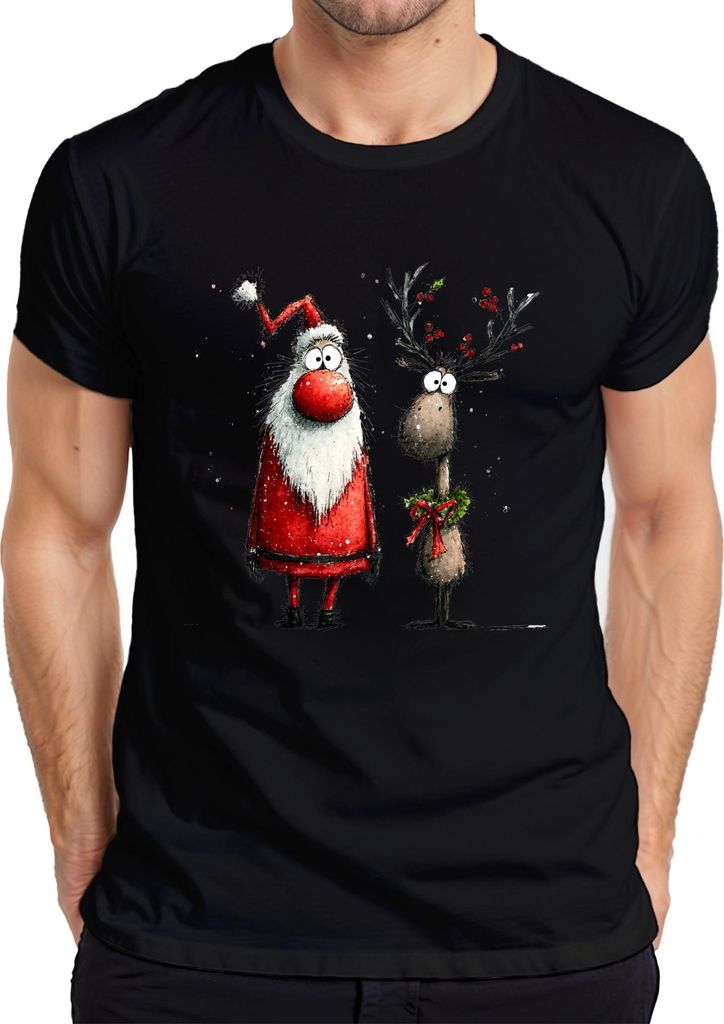 Weihnachtsmann Rentier Lustig Aquarell Weihnachten Geschenk Herren T-Shirt, Schwarz, XXL