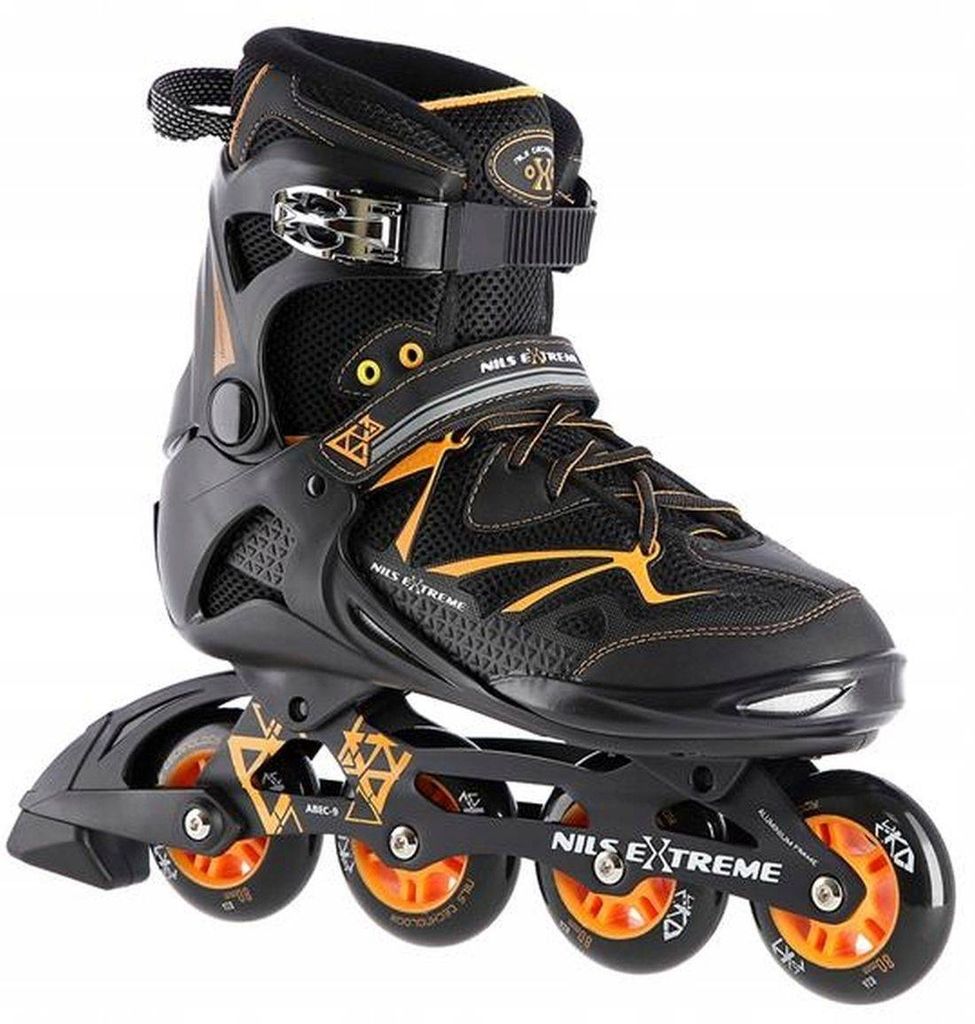 A single black and orange inline skate is shown against a white background.