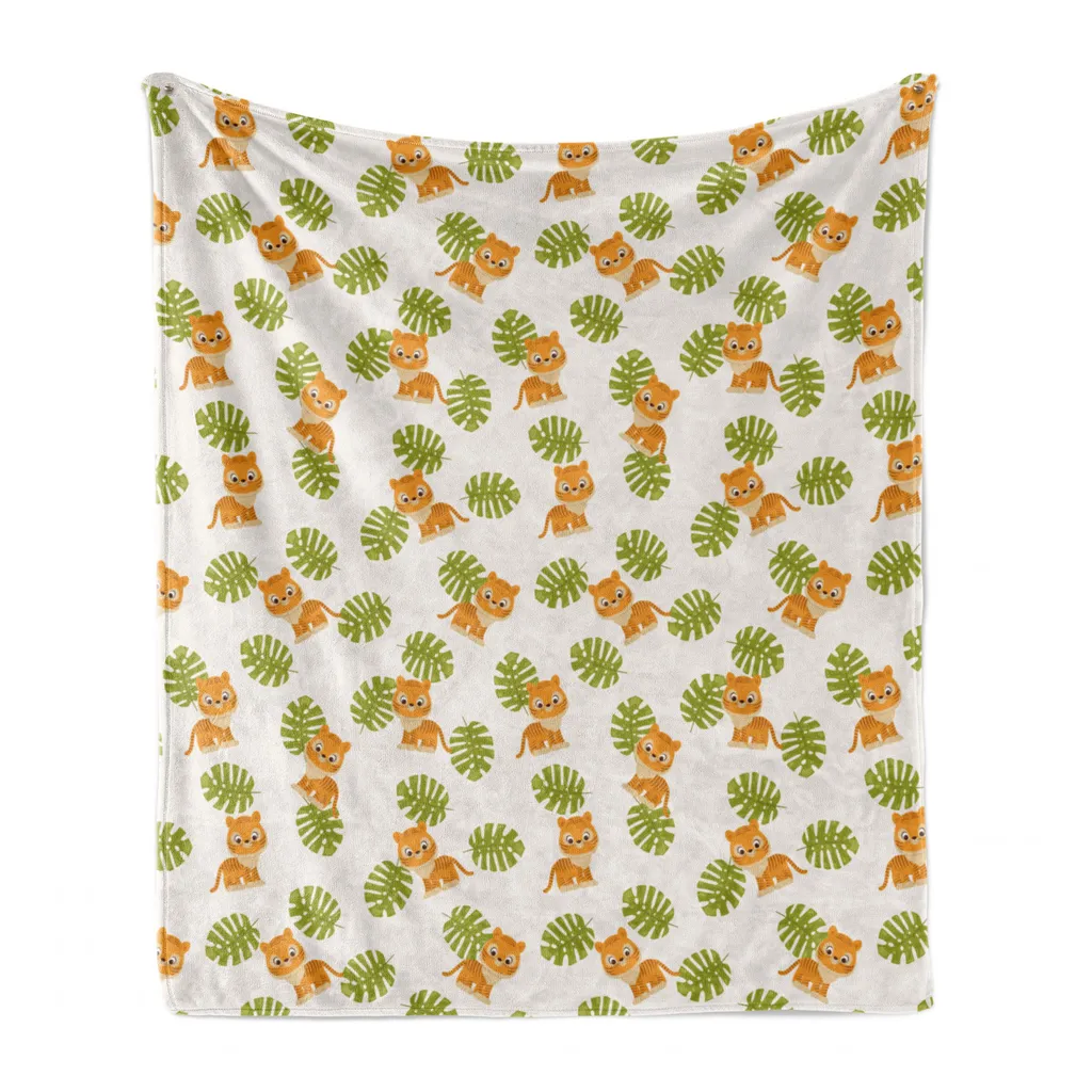 ABAKUHAUS Coperta in morbido pile di flanella Tiger, Tiger Cubs Monstera Leaves, morbida e confortevole per interni ed esterni, 125 x 175 cm, verde guscio d'uovo chiaro