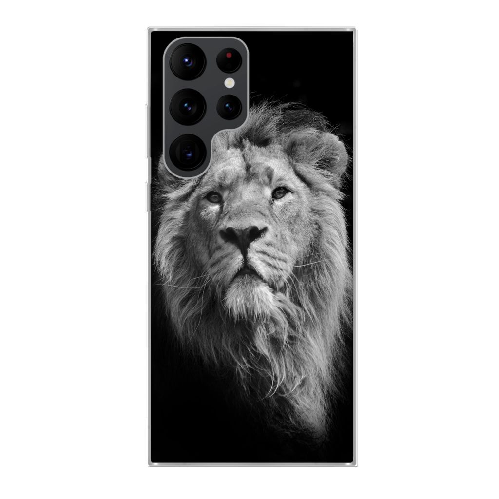 MuchoWow Handyhülle Schutzhülle Hülle für Samsung Galaxy S22 Ultra Löwe - Porträt - Schwarz - Weiß Silikon Softcase Handy Hülle - Abbildung