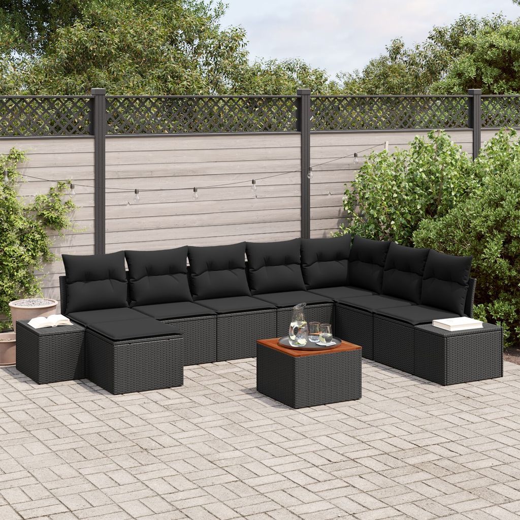 ZMH 9-teiliges Garten Sofa Set mit Kissen Schwarz Poly Rattan Akazie