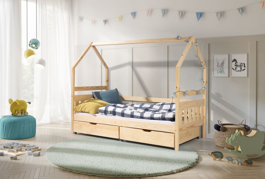 KEF EMMA Kinderbett 80x160 cm Hausbett Zwei Kinder Bodenbett aus Holz mit Lattenrost mit Rollen Jugendbett Kinderzimmer Naturbelassen