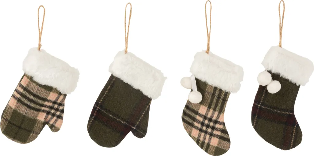 Gant de Noël J-Line Textile Kaki à Carreaux - Déco à Suspendre 4 Modèles