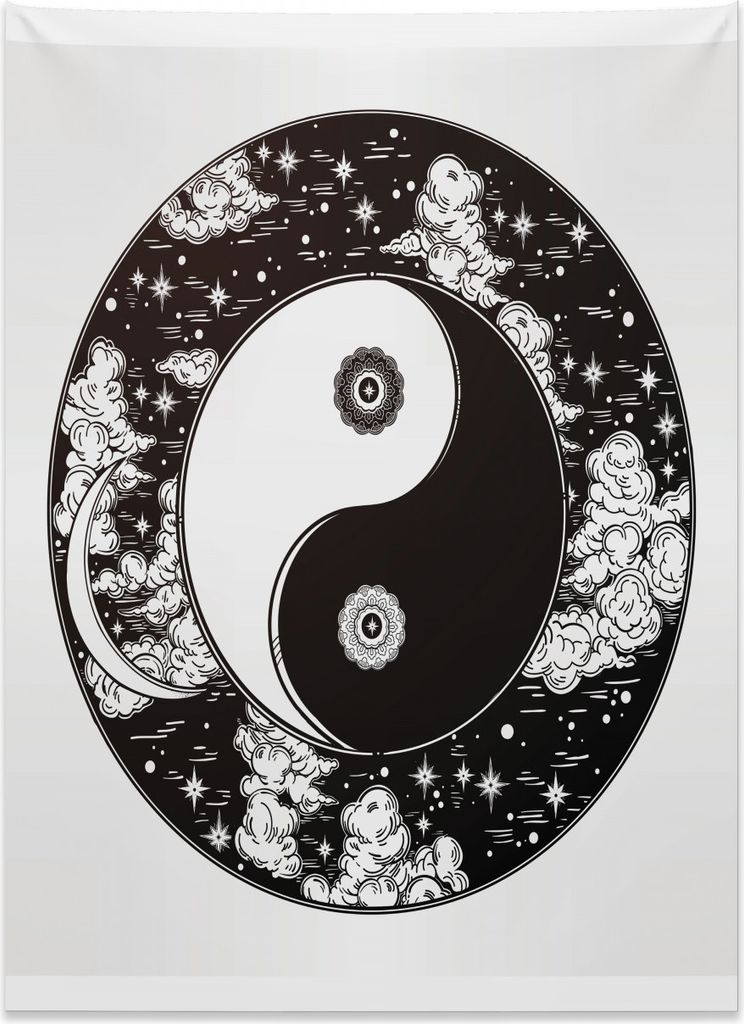 Abakuhaus Ying Yang Wandteppich, Sterne Mond Nachthimmel aus Weiches Mikrofaser Stoff Kein Verblassen Klare Farben Waschbar, 110 x 150 cm, Weiß un...