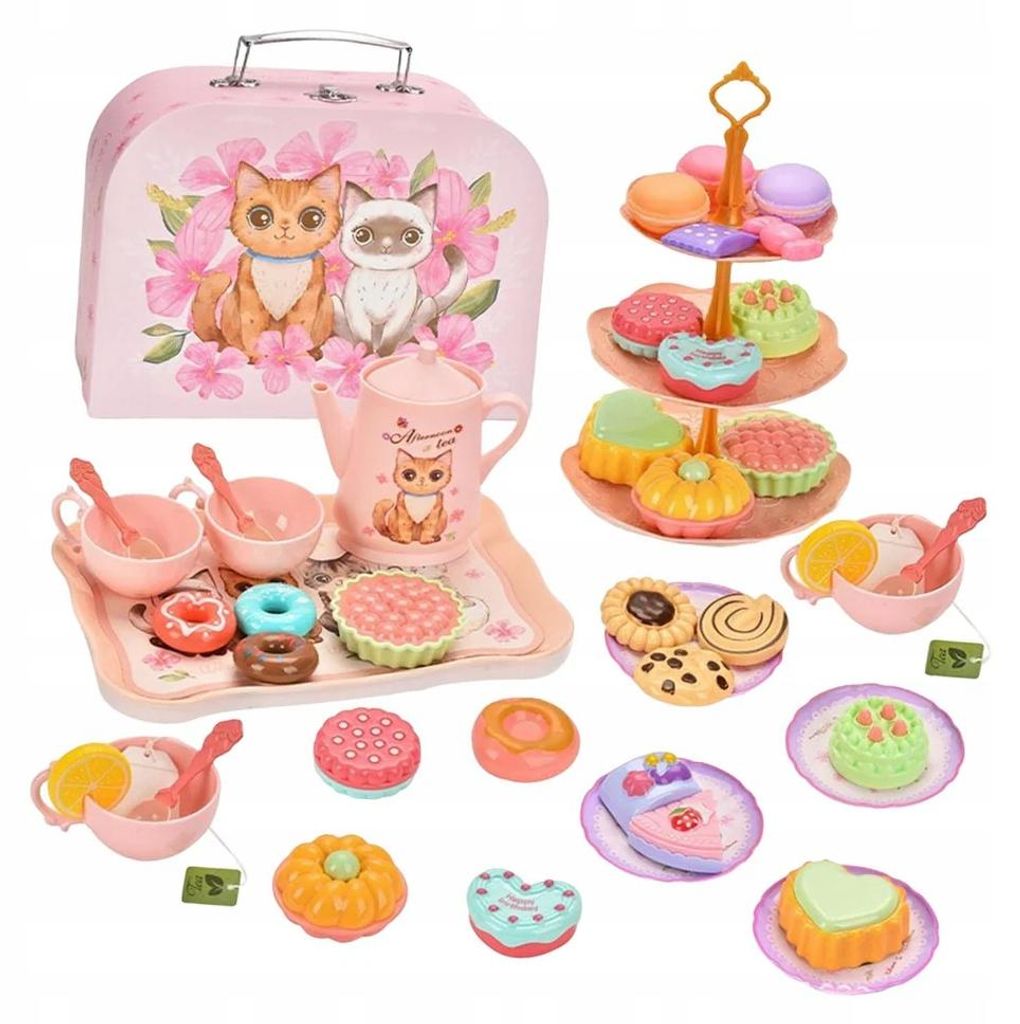 Großes Teeservice im Koffer mit Katzenmotiv - Kaffee-Set für kreative Kinderpartys
