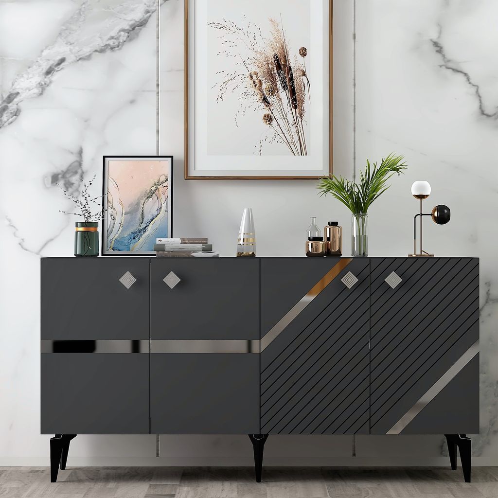 Skye Decor, Iris - Anthracite, Silver, Konsole, Anthrazit, 100 % MELAMINBESCHICHTETE SPANPLATTEN, 150 x 79 x 40 cm