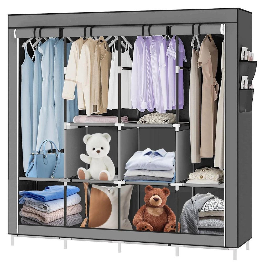 Großer Stoffkleiderschrank - Kleiderschrank - Metallrahmen - Gewebter Stoff - Minimalistisch modern - Montage erforderlich - Grau