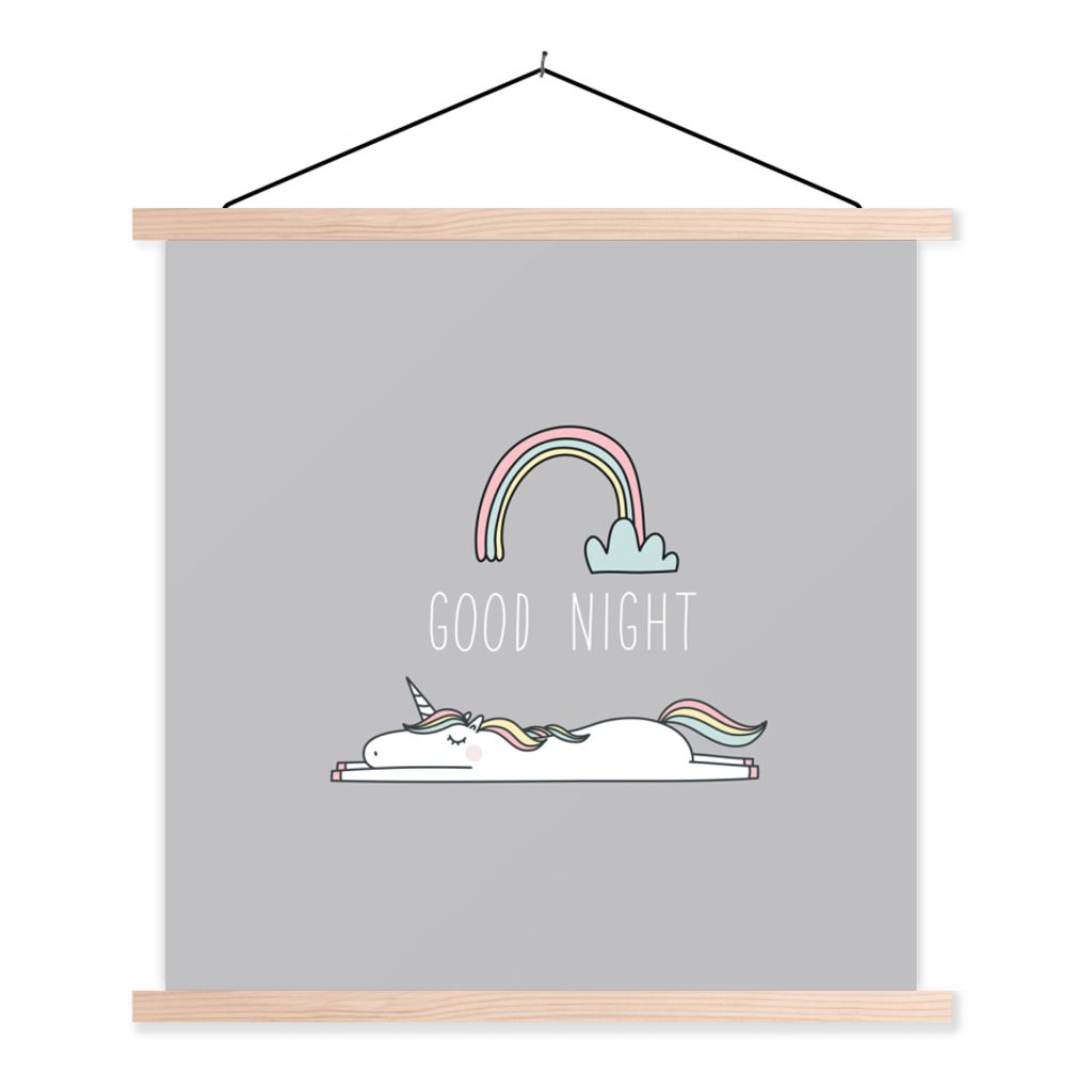 MuchoWow Textilposter Einhorn - Regenbogen - Kinder - Zitate - Gute Nacht - Mädchen 120x120 cm mit holzfarbenen Rahmen - Textil-Poster