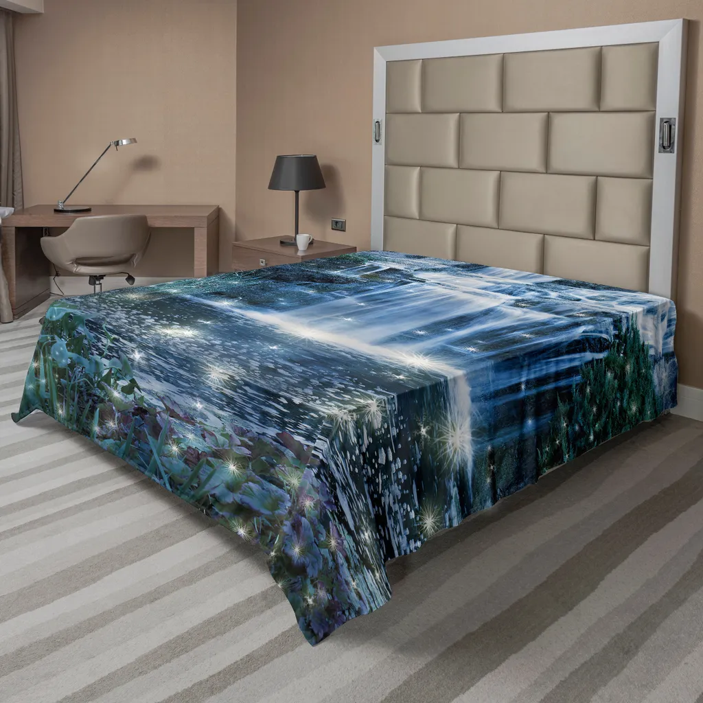 ABAKUHAUS Lenzuolo magico, fata e cascata fantastica nella notte sull'acqua Stampa Fresh Landscape, lenzuolo morbido e confortevole per un letto decorativo 1 pezzo 244 cm x 205 cm, grigio verde