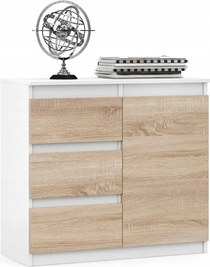 Commode VBChome 80x35x75 cm Blanc et Chêne Sonoma à 3 tiroirs et porte