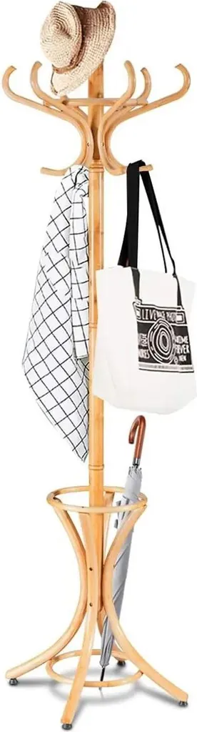 Porte-manteau sur pied 184 cm en bois kaki avec 12 crochets et socle