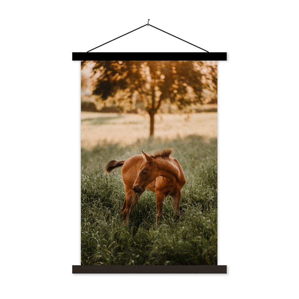 MuchoWow Textilposter Pferd - Gras - Baum 40x60 cm mit schwarzem Rahmen - Wanddekorationen