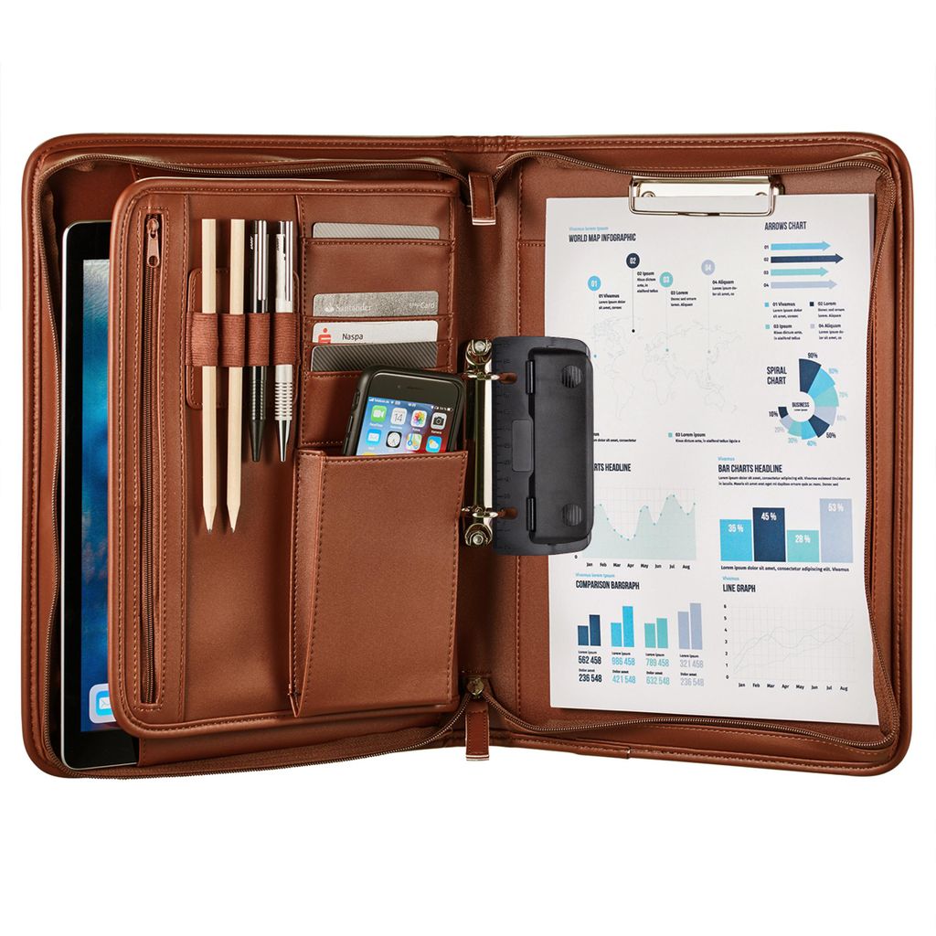 An open brown leather business portfolio with various compartments and items inside.