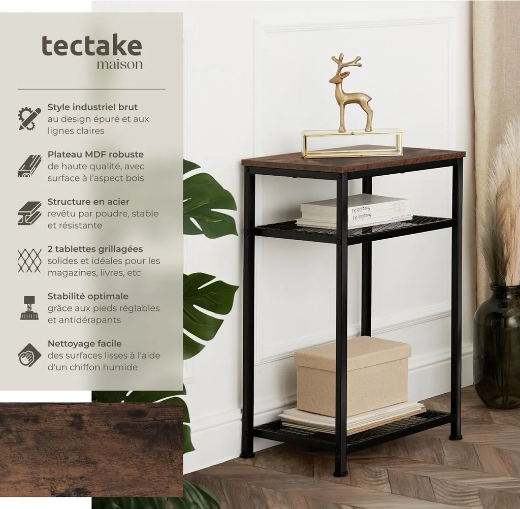 Table d'appoint YORK gain de place - Solution rangement bois foncé rustique