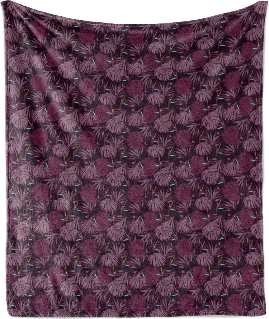 ABAKUHAUS Coperta in morbido pile di flanella, foglie di palma in tonalità vinose, soffice peluche per interni ed esterni, 125 x 175 cm, marrone scuro e multicolore