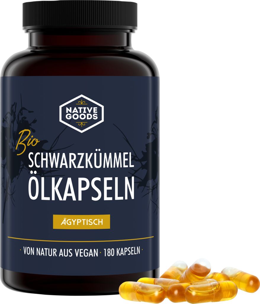 Schwarzkümmelöl Kapseln vegan 180 Stück I Schwarzkümmelöl ägyptisch, nativ und kaltgepresst I native goods