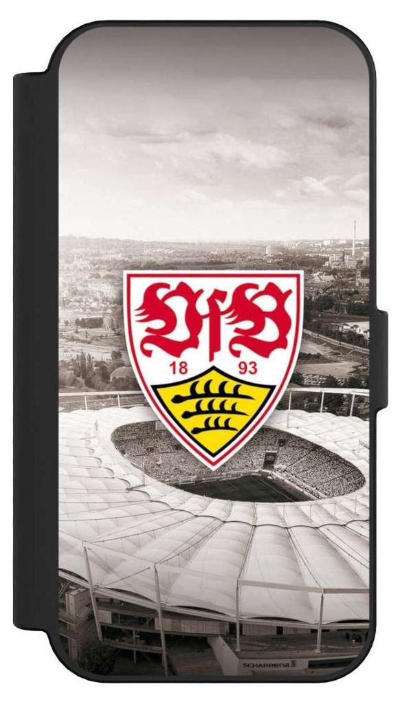NIVOCASE Klapphülle für Apple iPhone 16 Handyhülle aus Kunst Leder NIVOflip schwarz Offizielles Lizenzprodukt Stadion VfB Stuttgart