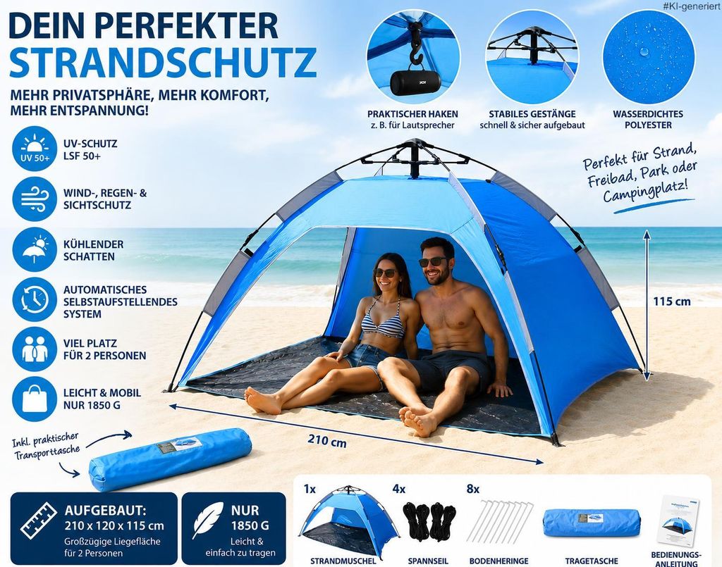 Strandmuschel für 2 Personen, selbstaufstellend, UV-Schutz Produktbild 