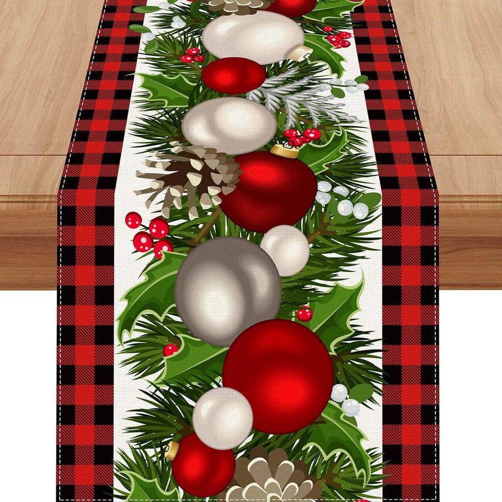 Linen Red and Black Buffalo Check Christmas Table Runner 72 Inches Long Seasonal Winter Christmas Xmas Holiday Farmhouse Style Table Decoration