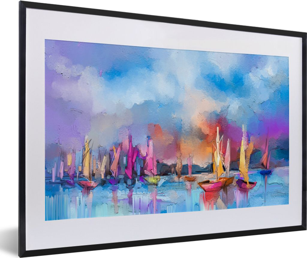 MuchoWow Gerahmtes Poster Malerei - Boote - Wasser 60x40 cm - Poster mit Schwarzem Bilderrahmen Wandposter Rahmen Foto Bilder - Schlafzimmer - Pl...