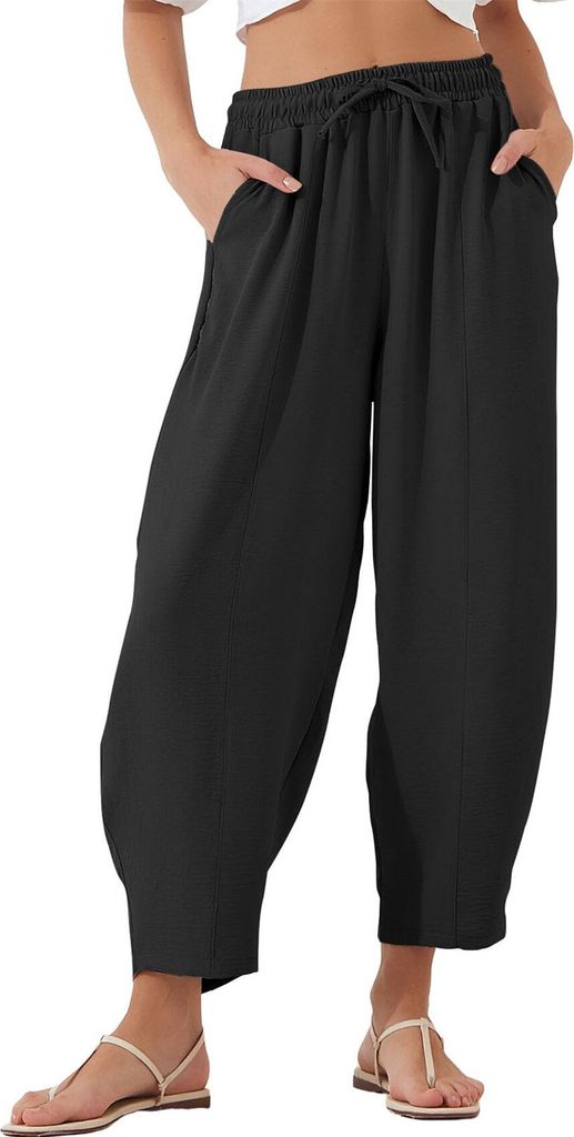 ASKSA Damen 7/8 Laenge Hose Freizeithose Hohe Taille Sommerhose Lose Knoechellange Hosen Casual Strandhose mit Taschen (Schwarz,XXL)