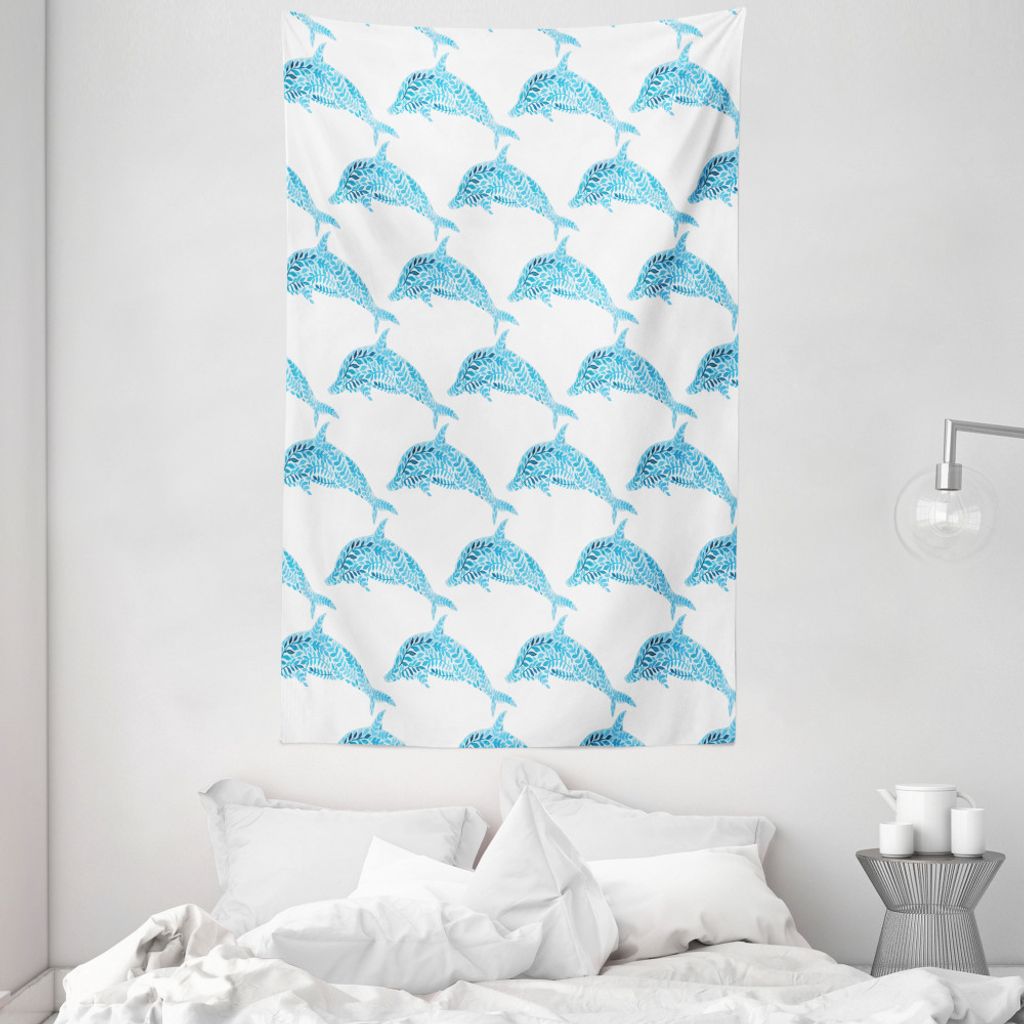ABAKUHAUS Meer Wandteppich und Tagesdecke, Aqua Dolphins Leaves aus Weiches Mikrofaser Stoff Waschbar ohne Verblassen Digitaldruck, 140 x 230 cm, B...