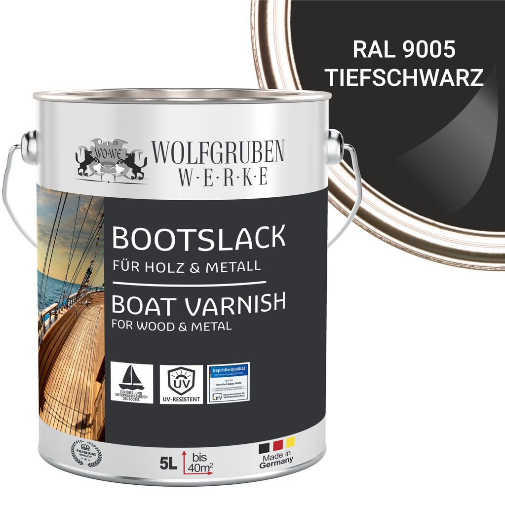 Bootslack Parkettlack Schiffslack Holzlack Seidenglänzend für Holz Boot Schiff W400 Schwarz - 5L