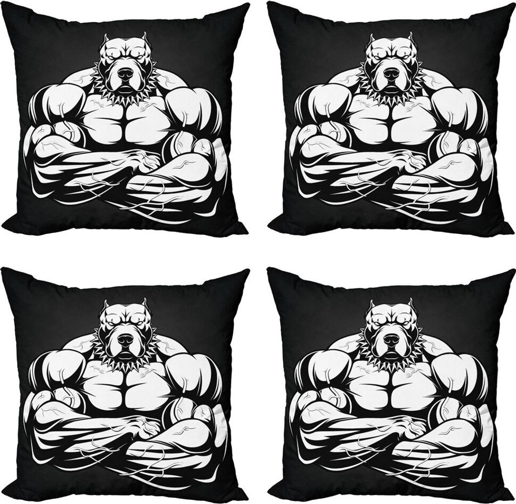 ABAKUHAUS Pitbull Kissenbezug Set (4 Stück), Bodybuilder Tier, Moderner Doppelseitiger Digitaldruck, 50 cm x 50 cm, Weiß Koksgraue