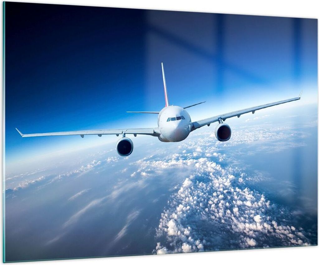 Bilder auf glas - Flugzeug himmel wolken flug - 100x70cm - Glasbilder - Wandbilder - Kunstdruck - zum Aufhängen bereit - Wanddekoration aus Glas -...