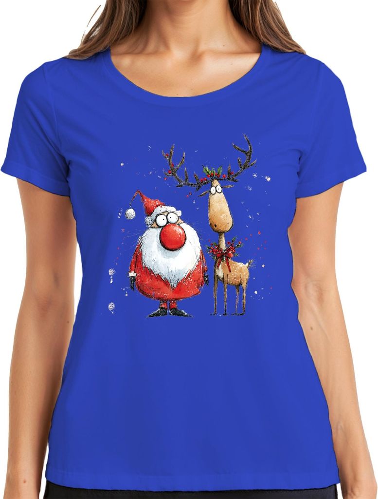 Weihnachtsmann Rentier lustig rote Nase Weihnachten Geschenk Damen T-Shirt, Blau, XL