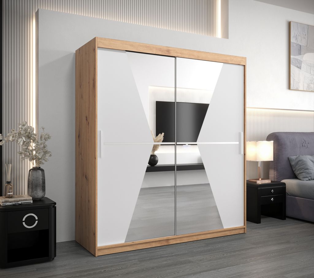 Schwebetürenschrank MILANA – Breite 180 cm, Eiche Artisan / Weiß
