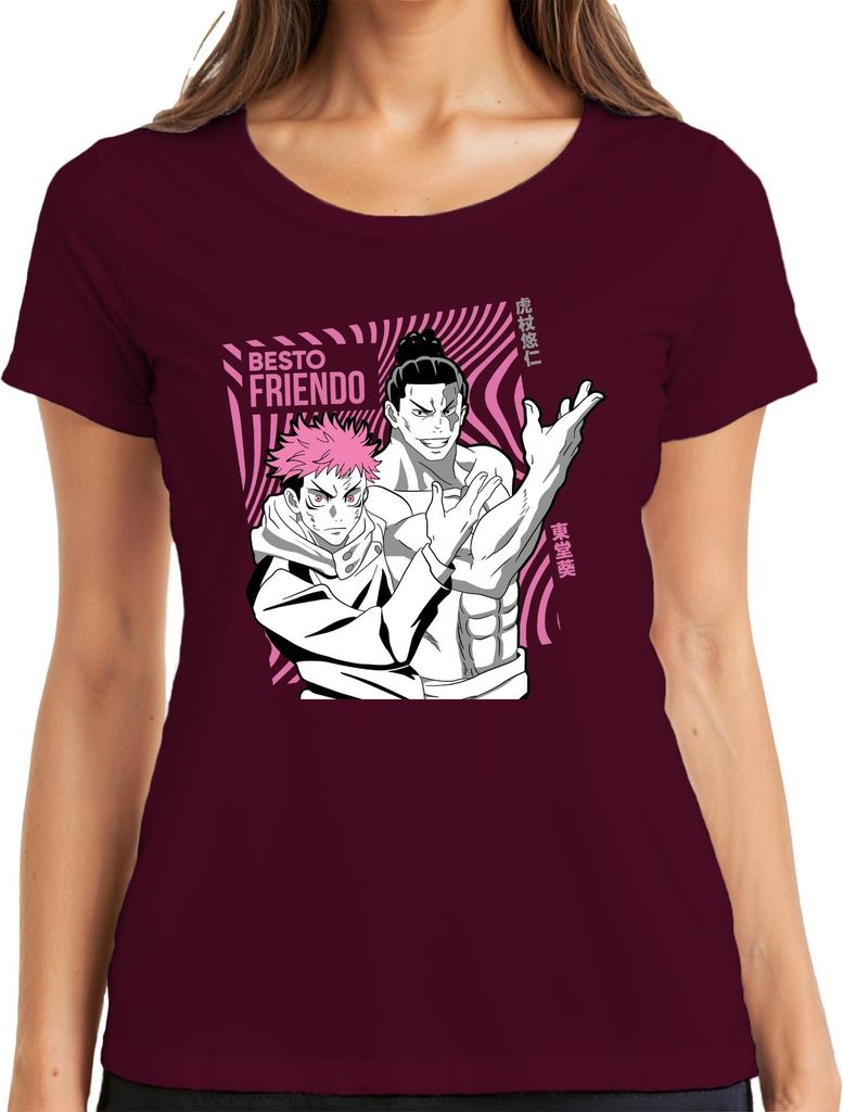 Jujutsu Kaisen BESTO FRIENDO Yuji Itadori Aoi Todo Geschenk Anime Damen T-Shirt, Burgundy, L