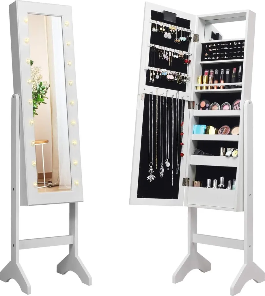Armoire à bijoux lumineuse LED miroir de maquillage réglable blanc