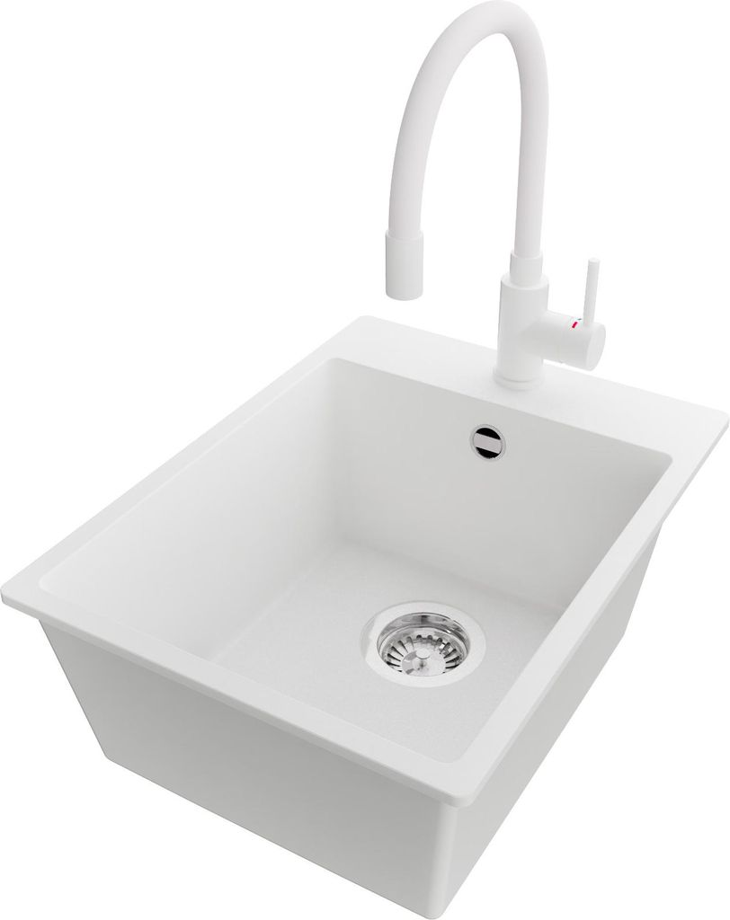 PRIMAGRAN Granitspüle Weiß 38x50cm, Spülbecken 1 Becken + Küchenarmatur 38x14cm + Ablauf-Set, Küchenspüle ab 40er Unterschrank - Riga
