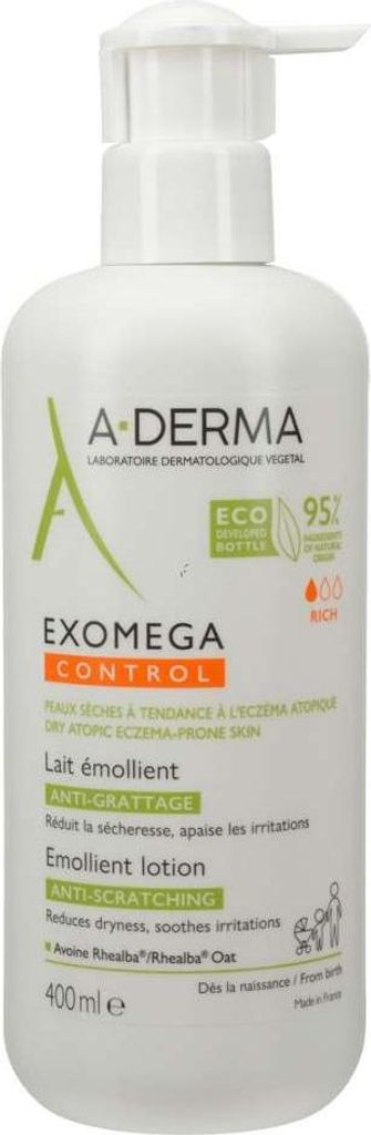 A white pump bottle of A-Derma Exomega Control Emollient Lotion.