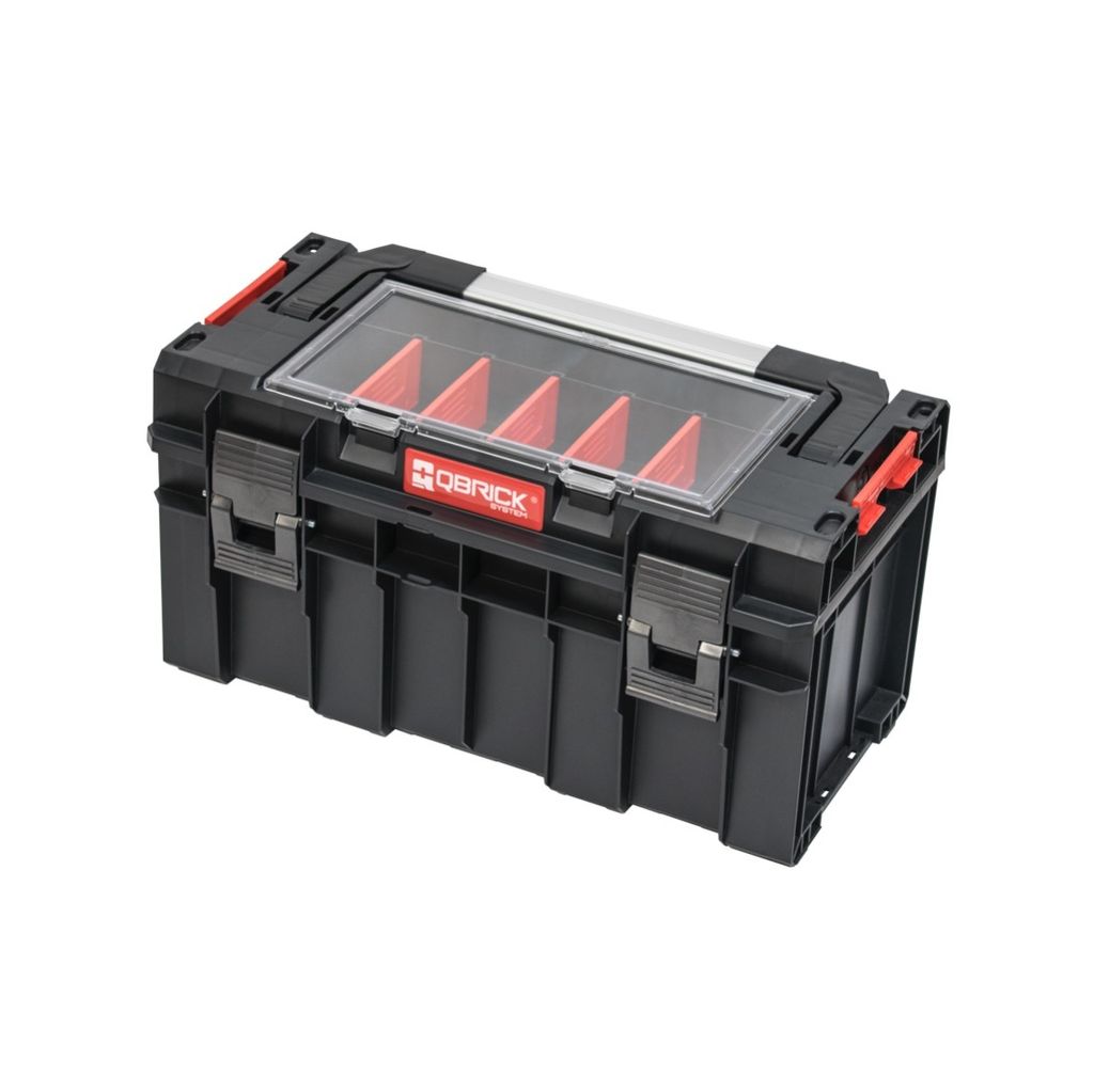 A black tool case with a clear lid and red dividers, shown against a white background.