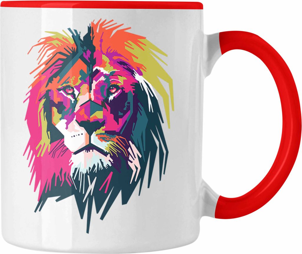 Trendation - Löwe Polygon Tasse Geschenk Löwen-Liebhaber Bunt (Rot)
