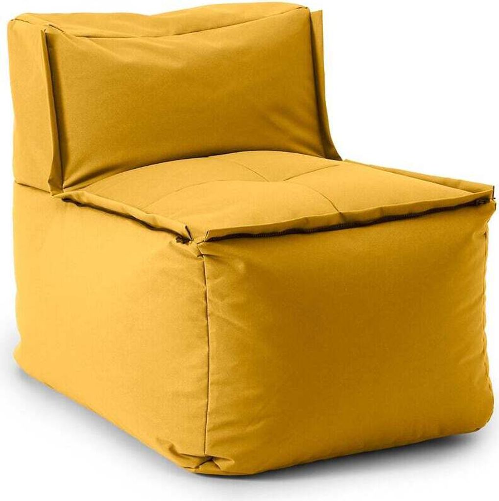 A yellow beanbag chair is shown against a white background.