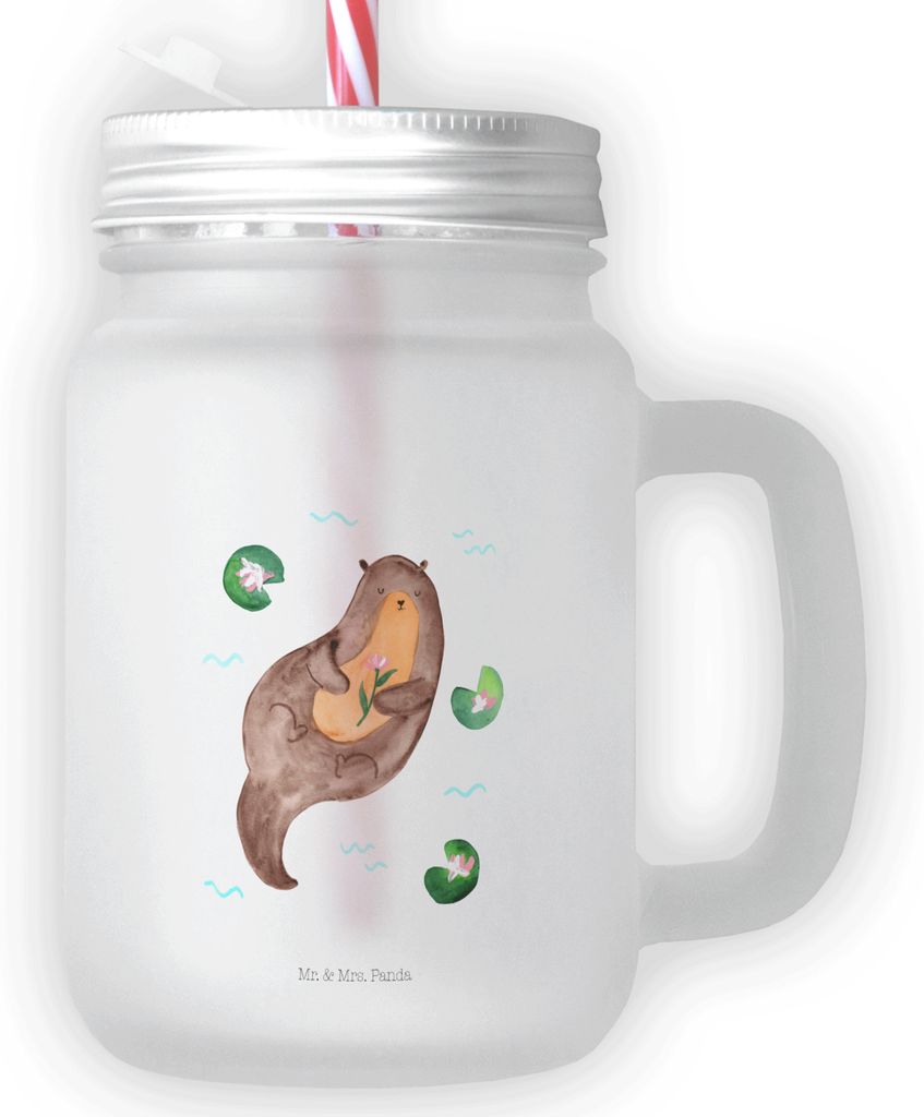 Mr. & Mrs. Panda Glas Otter Seerose - Transparent - Geschenk, Trinkglas, Seeotter, Becher mit Deckel, Fluss, Trinkgefäß, Wasser, glücklich