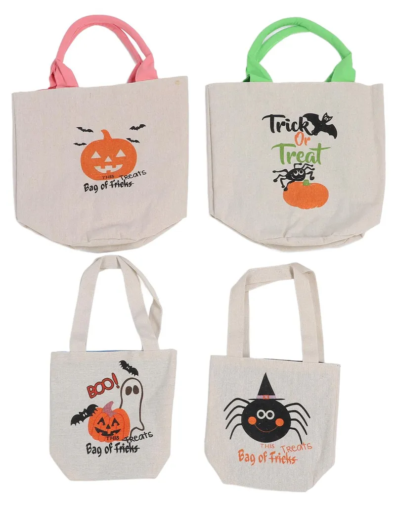Sac d'Halloween en toile de lin résistant avec cordon et bandoulière x4