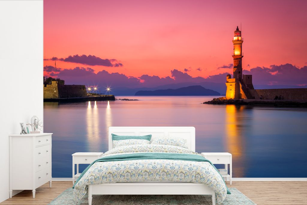 MuchoWow Fototapete für Wohnzimmer oder Schlafzimmer Wandtapete Vinyl Motivtapete Leuchtturm auf Kreta in Chania - 600x400 cm - Vinyltapeten